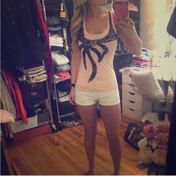 Forever 21 Tops - Y2K VTG Forever 21 Pink Racerback Tank Top Black Sequin Bow Coquette Girl Sz S